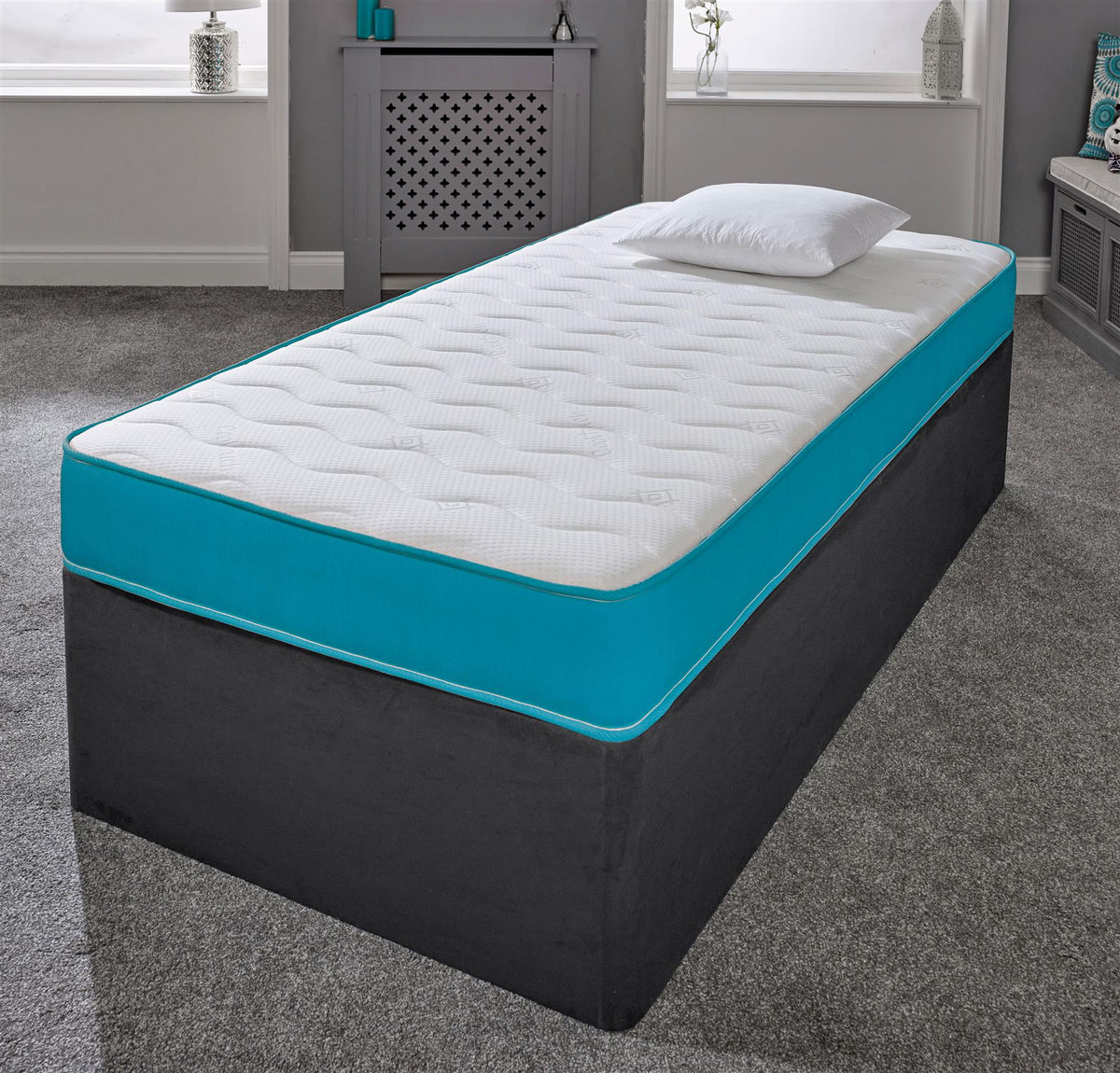 Hybrid Open Coil Spring & Memory Foam Mattress Featuring An Aqua Blue